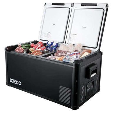 ICECO 95QT VL90ProD Dual Zone Portable Fridge front view open with food