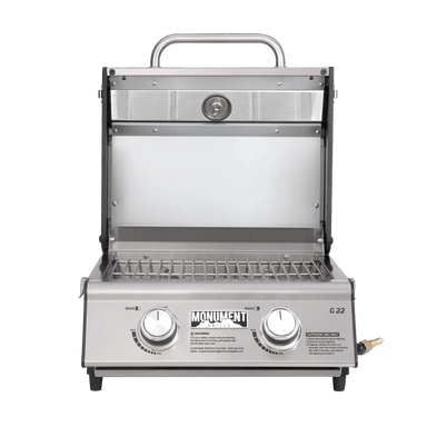 Monument G22 Stainless Tabletop Gas Grill Open Lid