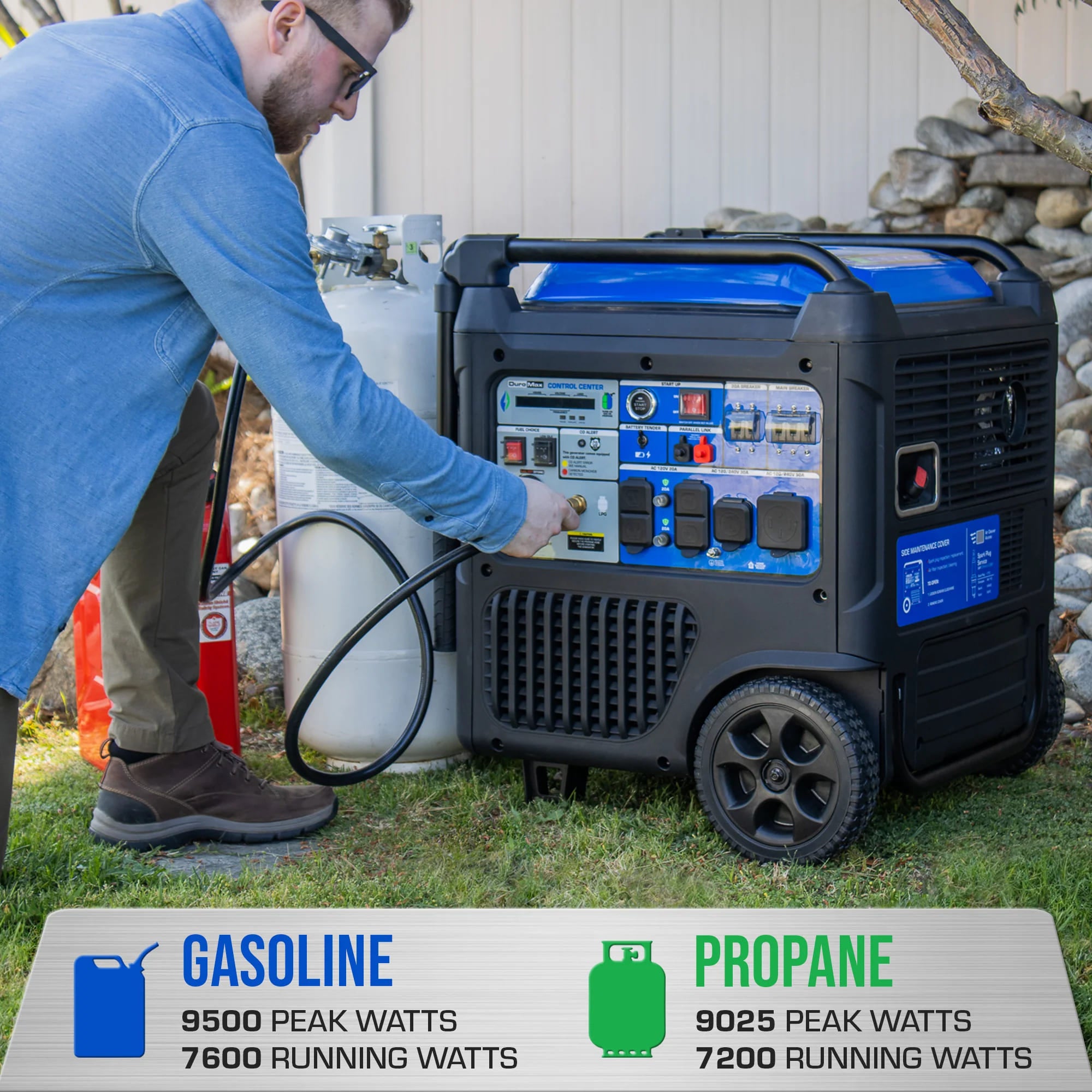 DuroMax 9,500 Watt Portable Dual Fuel Inverter Generator w/ CO Alert Gasoline input and propane
