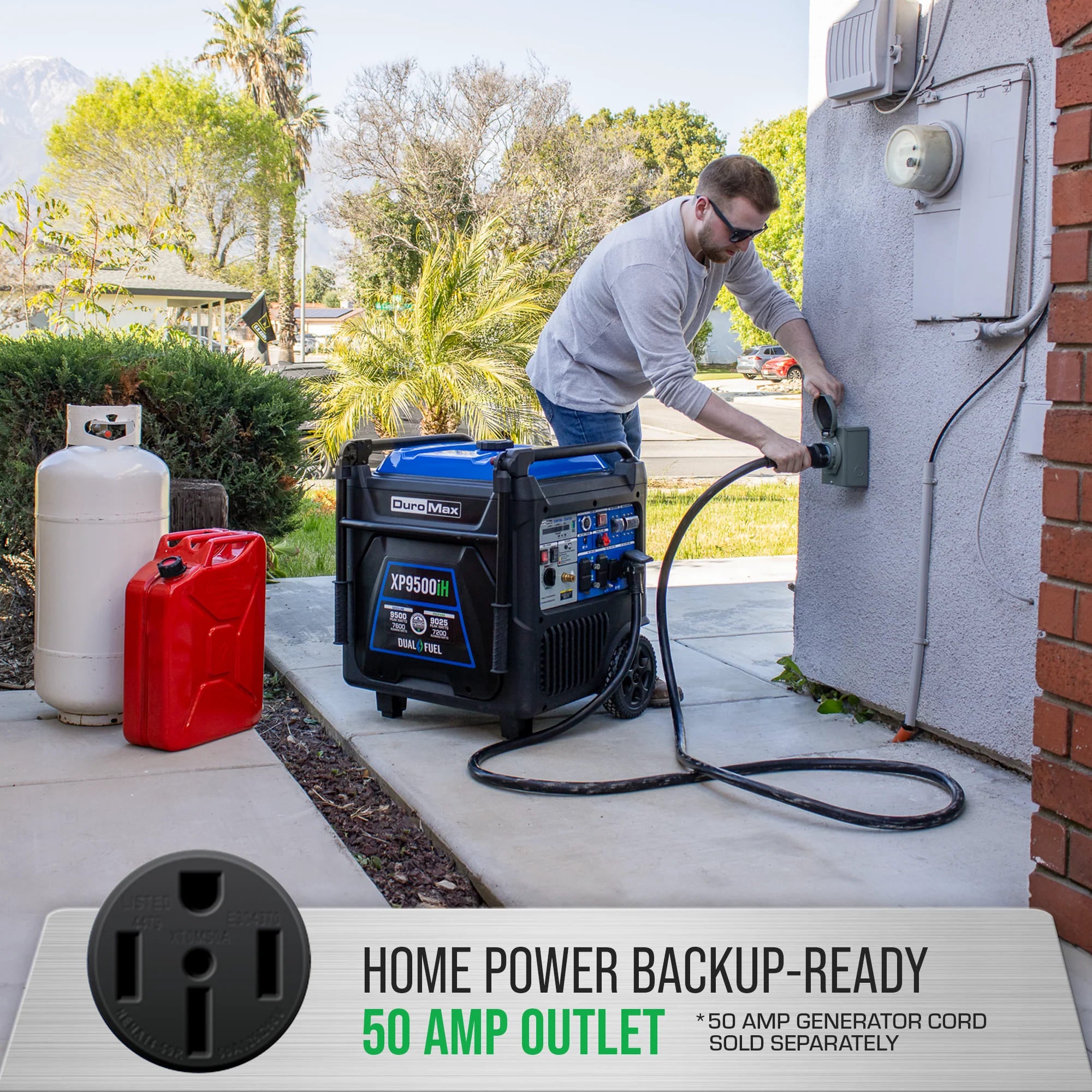 DuroMax 9,500 Watt Portable Dual Fuel Inverter Generator w/ CO Alert home plug in