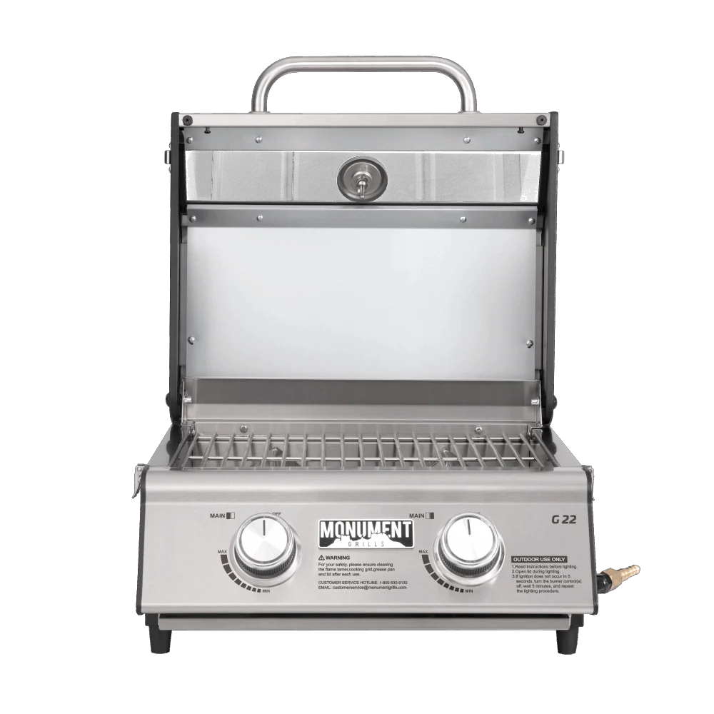 Monument G22 Stainless Tabletop Gas Grill Open Lid
